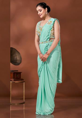 Green Colour Ready To Wear Fancy Saree Design Five