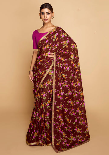 Chiffon Dark Brown Colour Sarees - Surbhi-vol-05