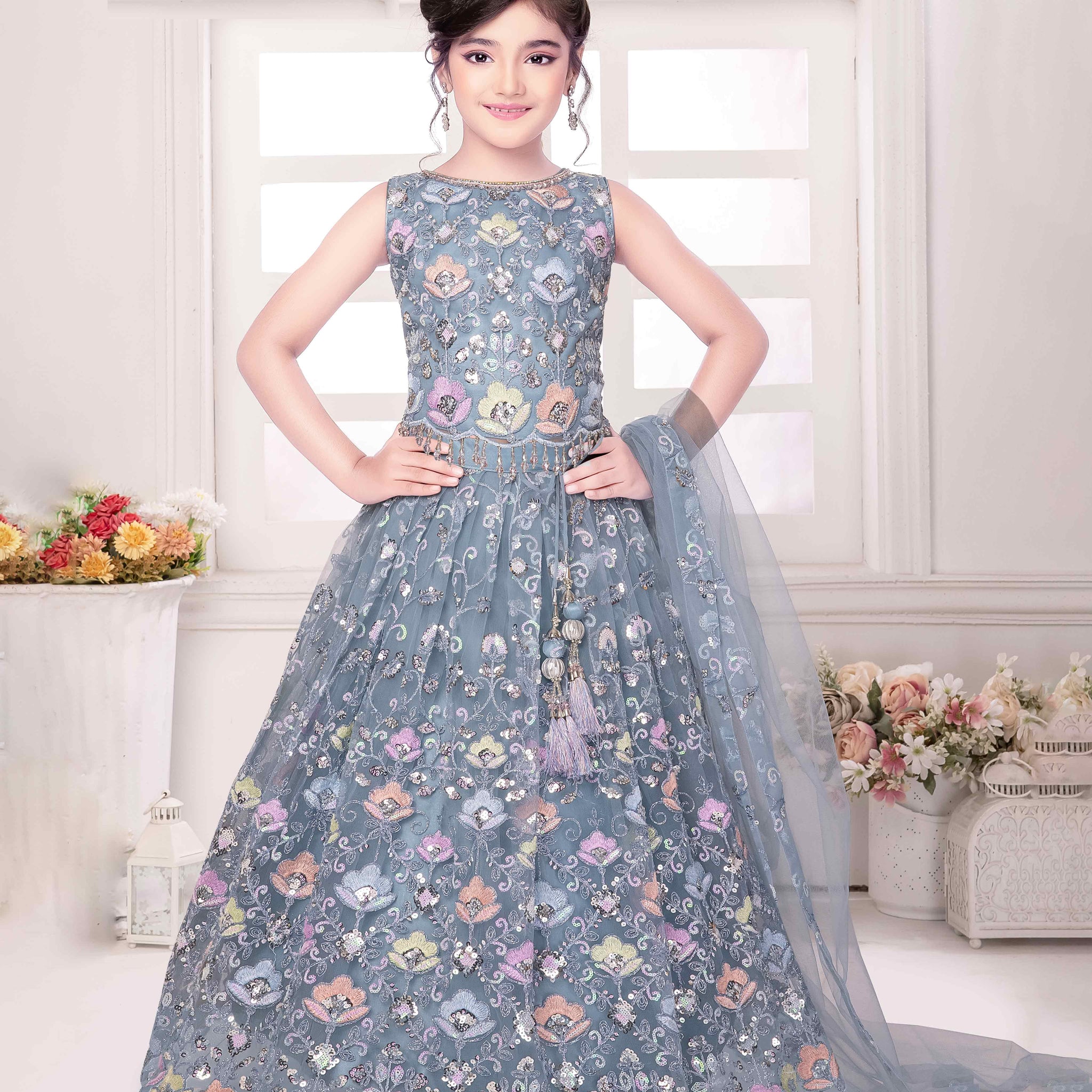 Grey Colour Embroidrered Kids Choli