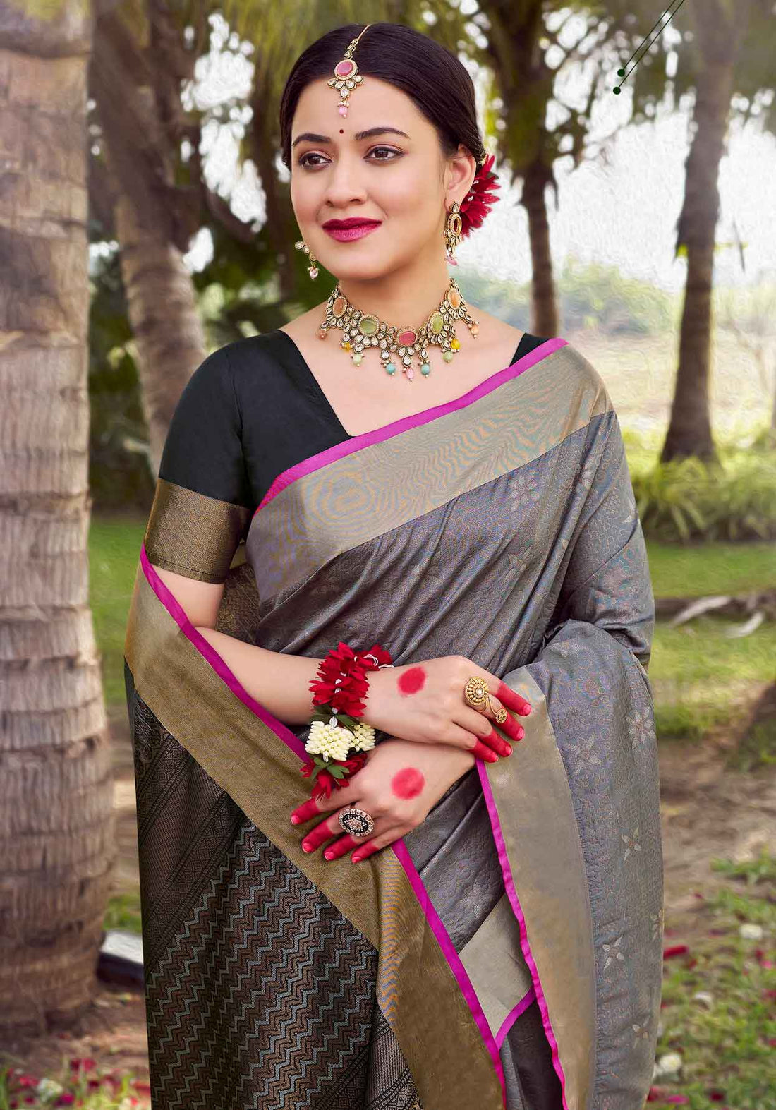 Soft Silk Dark Grey Color Saree