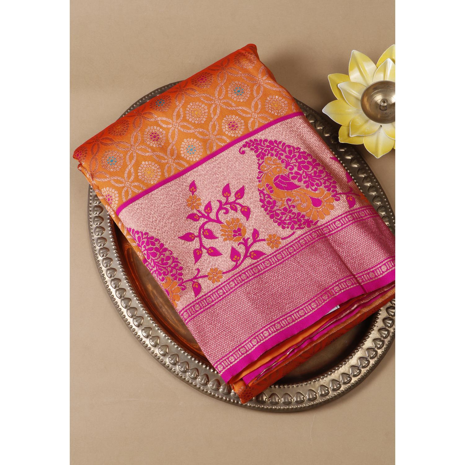 Orange Colour Banarasi Silk Saree with Pink Border