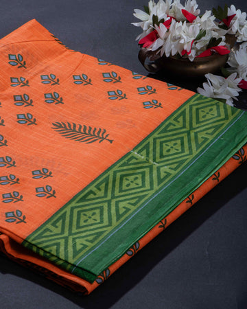 Orange Colour Voile Cotton Saree Without Blouse