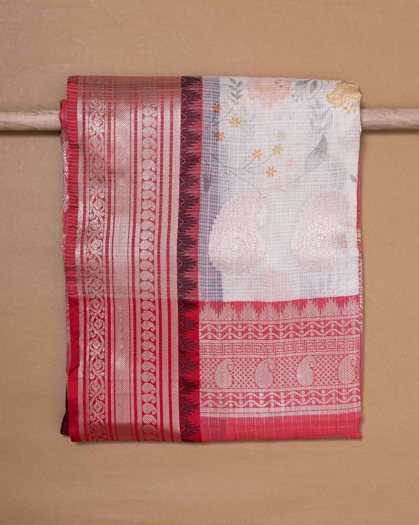 Half White Printed Silk Cotton Saree