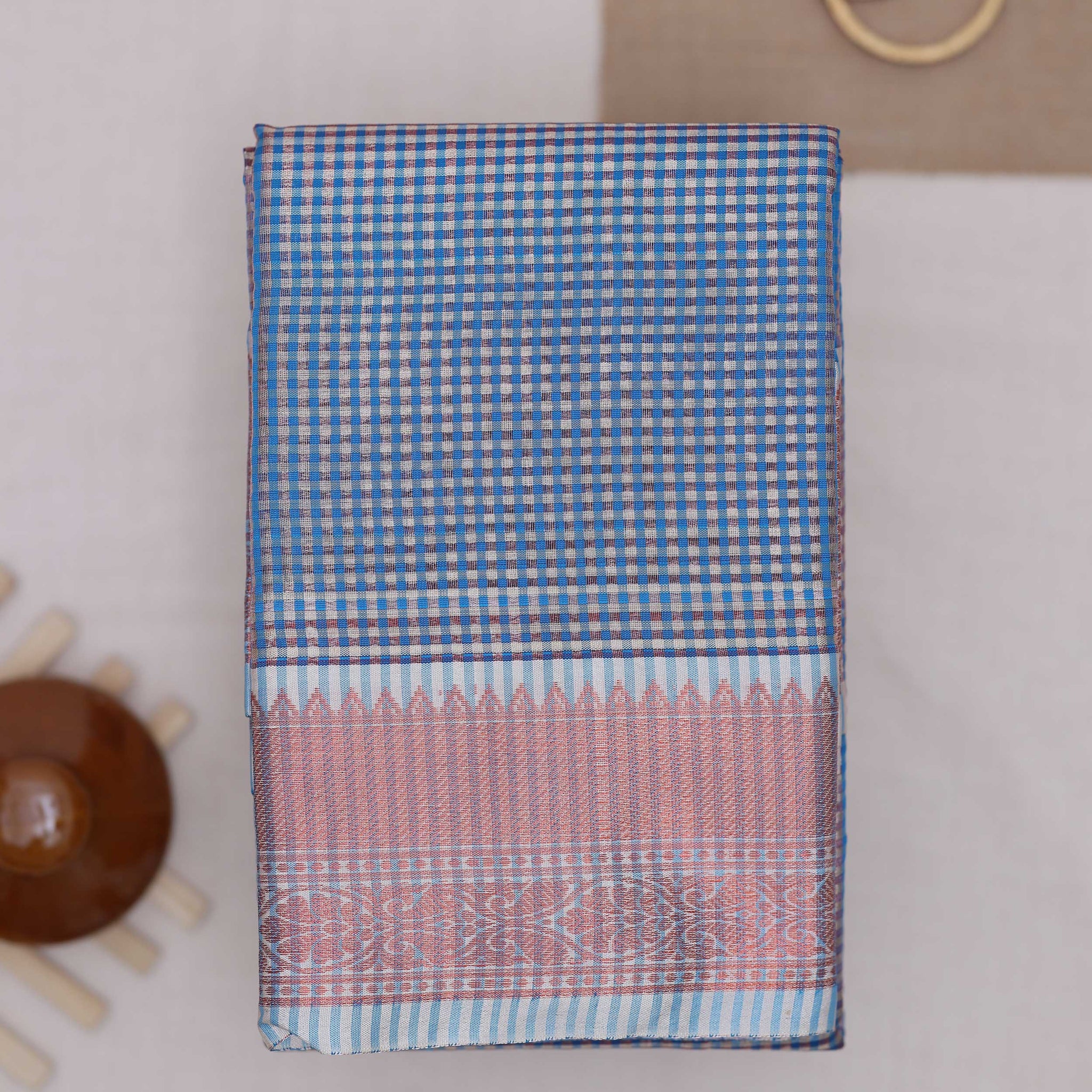 Nayanthara Blue Colour Checked Design Tissue Saree