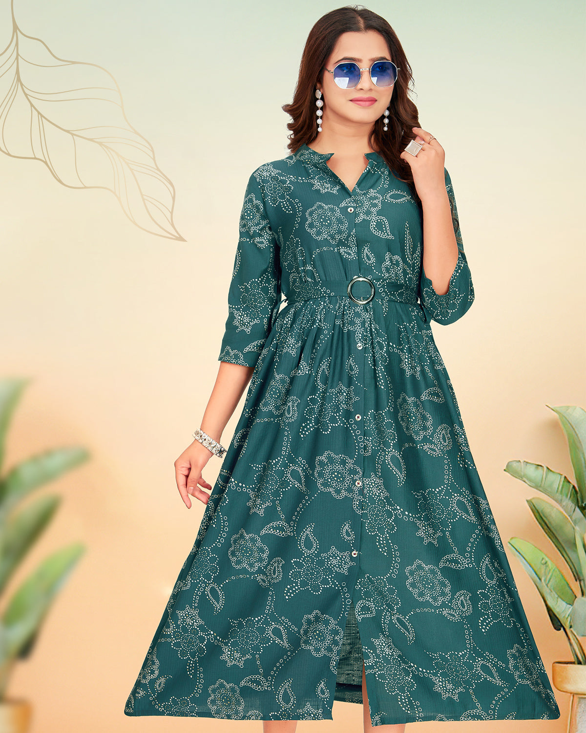 Designer Teal Colour Printed Women's Kurti