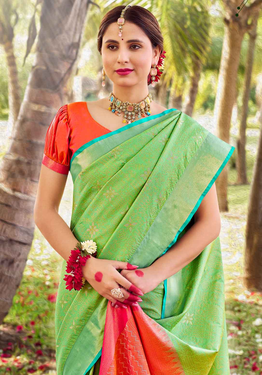 Soft Silk Green Orange Color Saree