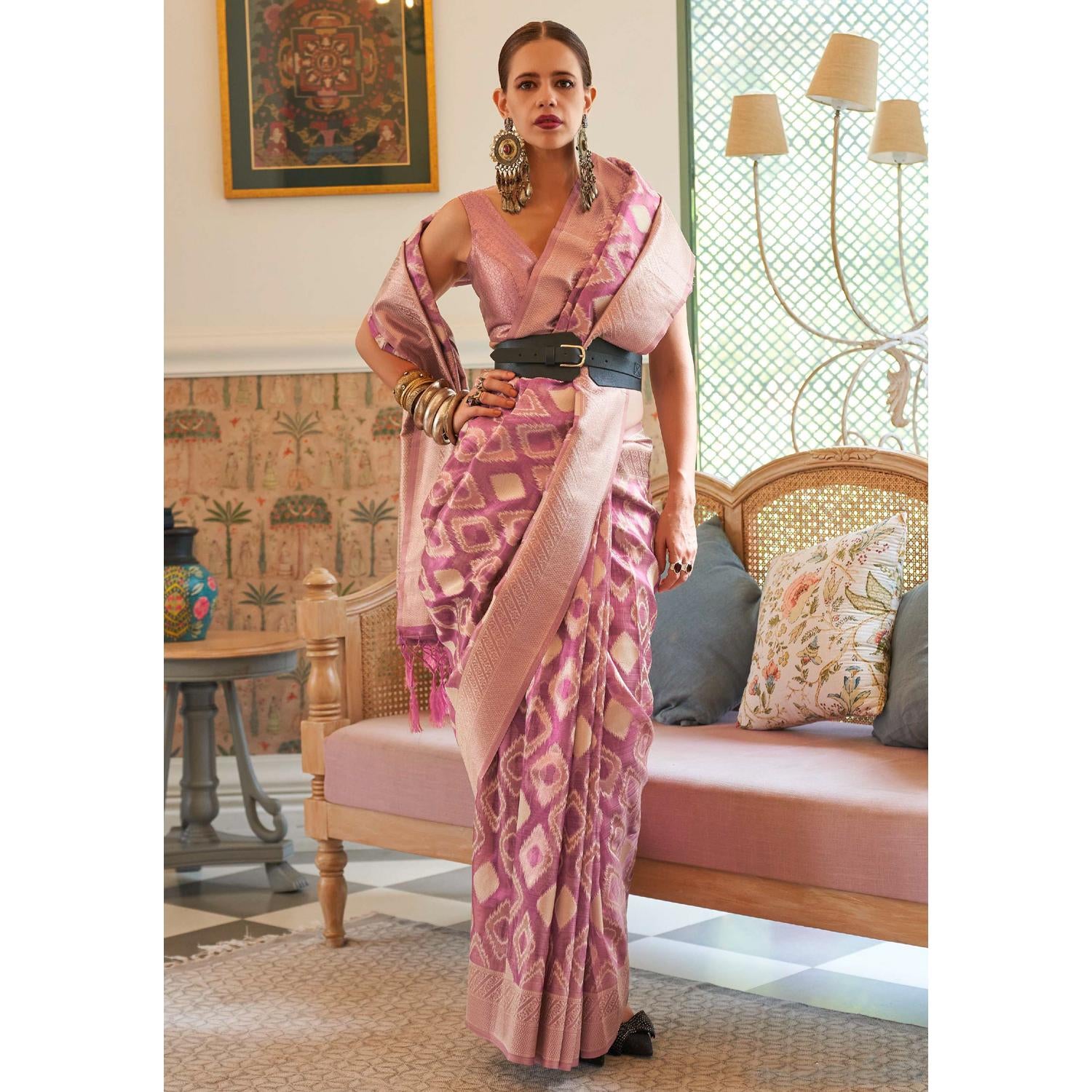 Onion Pink Colour Printed Fancy Silk Saree one