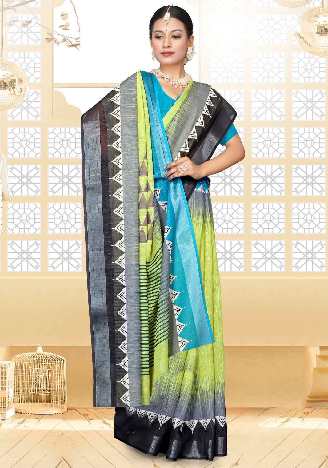 Green With Blue Color Ikkat Saree - IK22