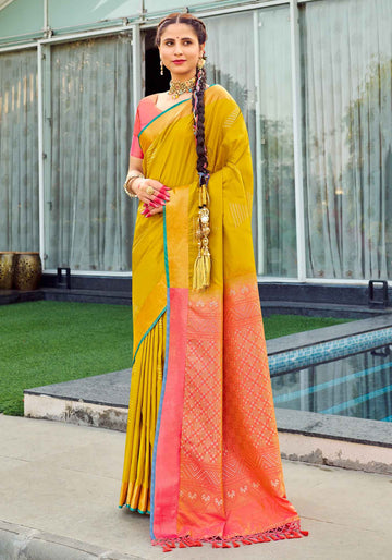 Soft Silk Peach Mango Yellow Color Saree