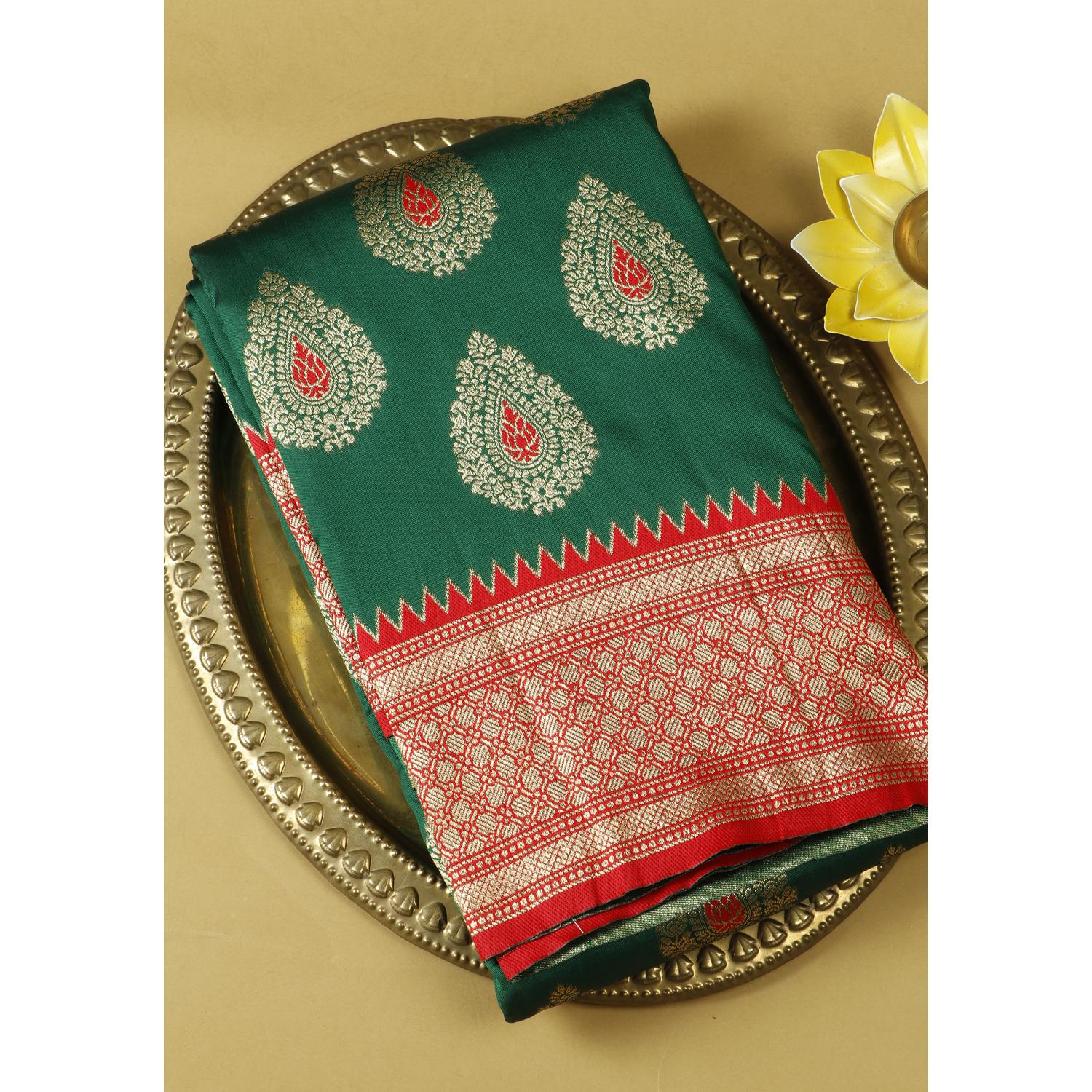 Green Colour Banarasi Silk Saree with Red Border