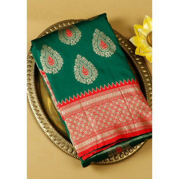 Green Colour Banarasi Silk Saree with Red Border