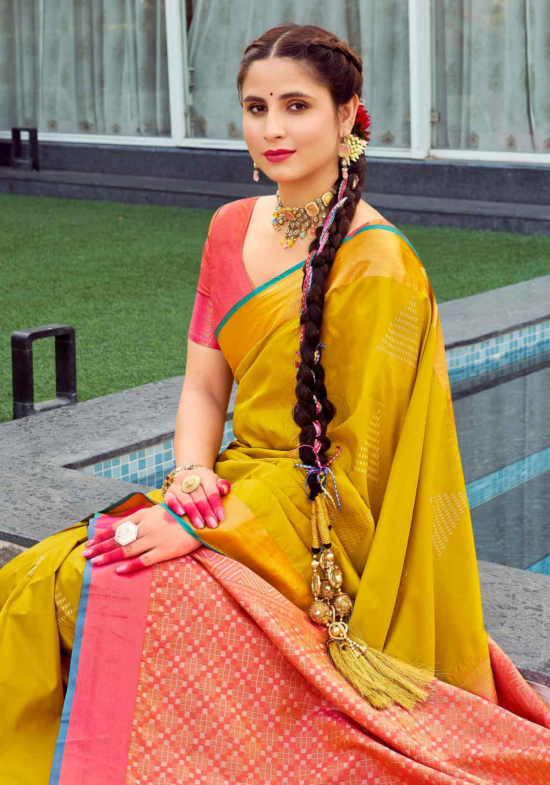 Soft Silk Peach Mango Yellow Color Saree