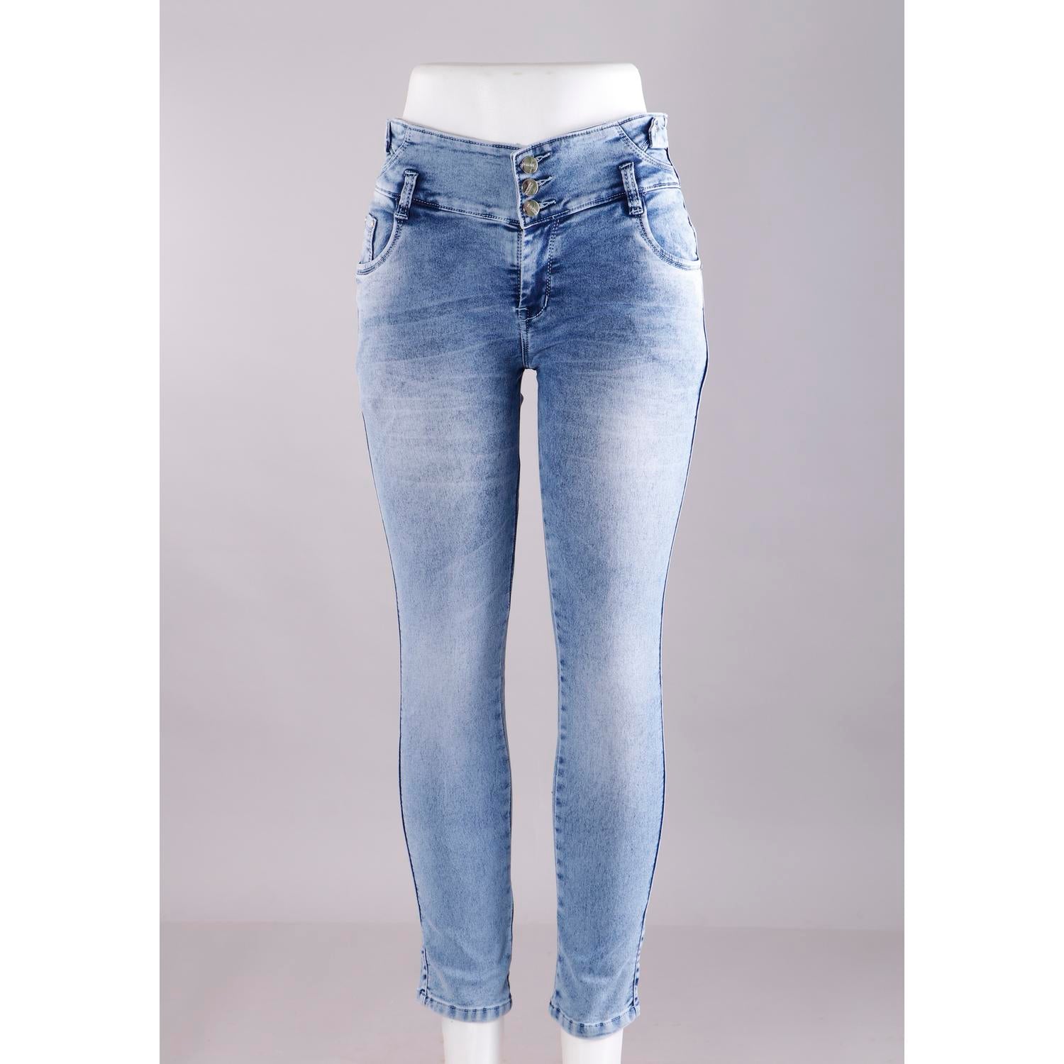 Women Blue Pencil Cut 3 Button Jeans