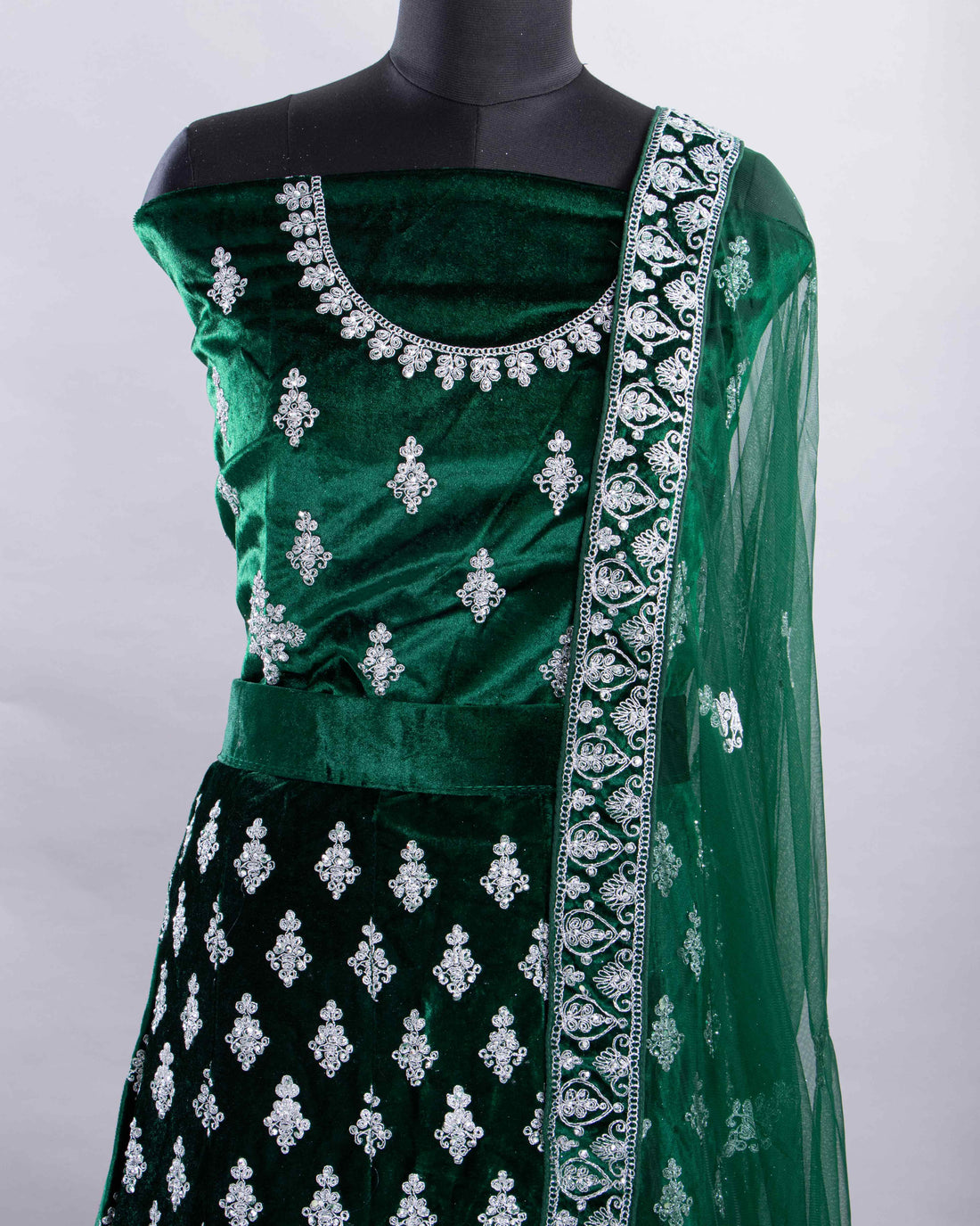 Green Colour Embroidered Semi - Stitched Lehenga