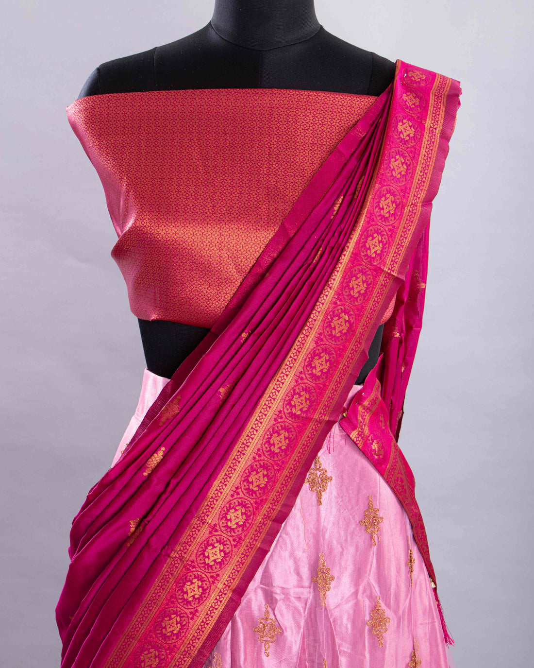 Pink With Magenta Colour Printed Semi - Stitched Lehenga