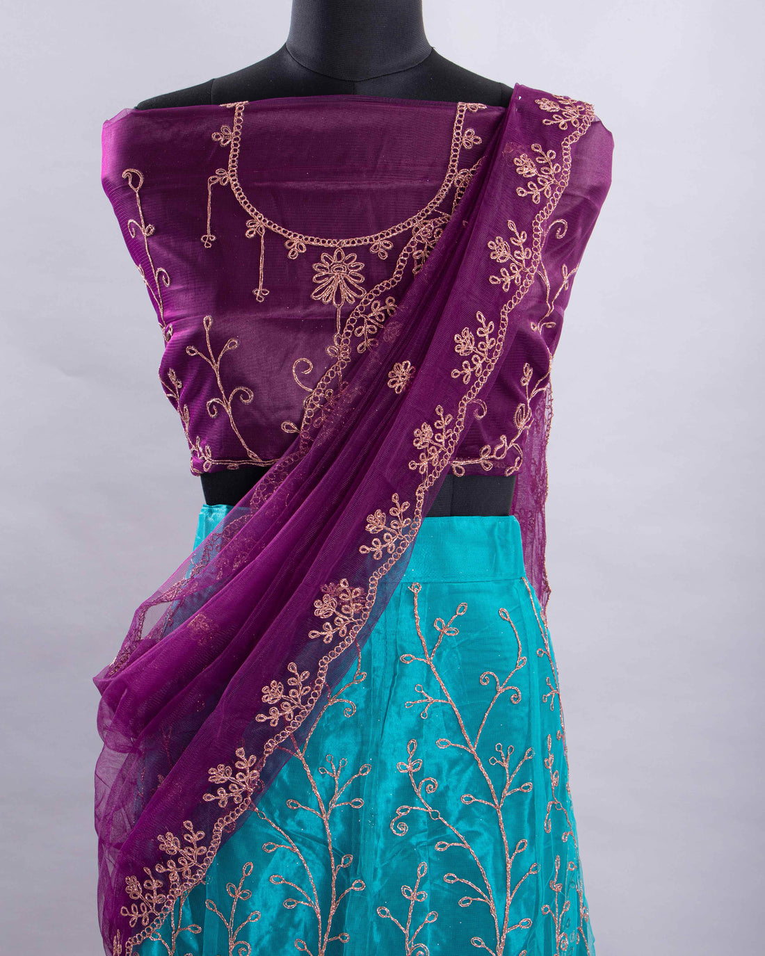 Peacock Blue With Purple Colour Embroidered Semi - Stitched Lehenga