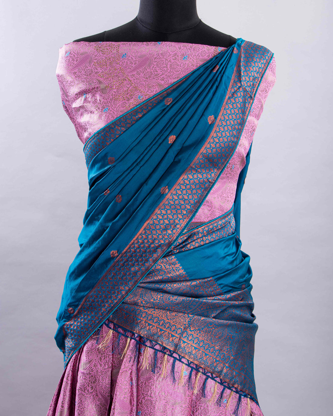 Pink With Blue Colour Printed Semi - Stitched Lehenga