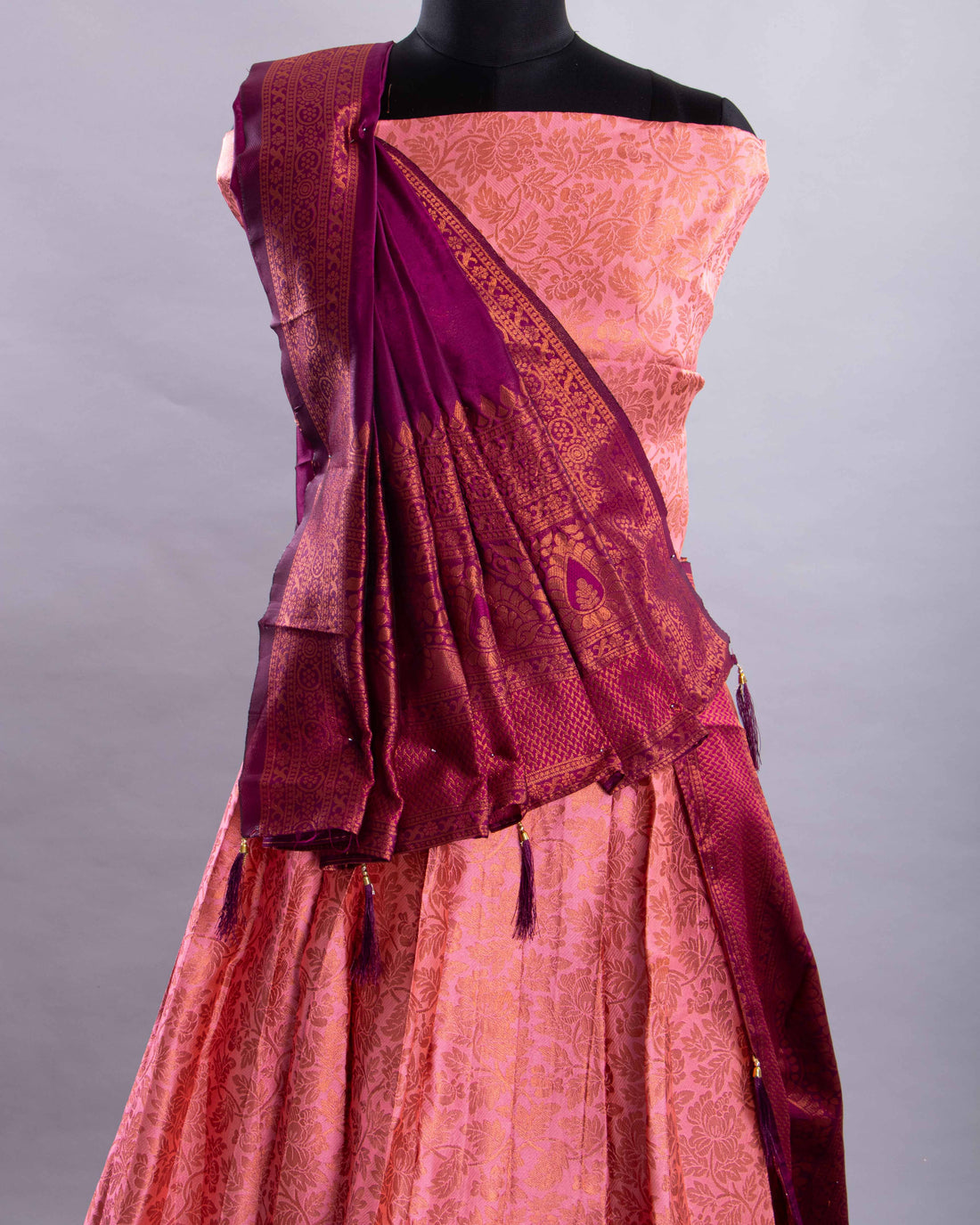 Peach With Purple Colour Printed Semi - Stitched Lehenga