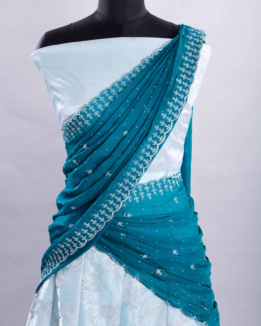 Teal With Blue Colour Embroidered Semi - Stitched Lehenga