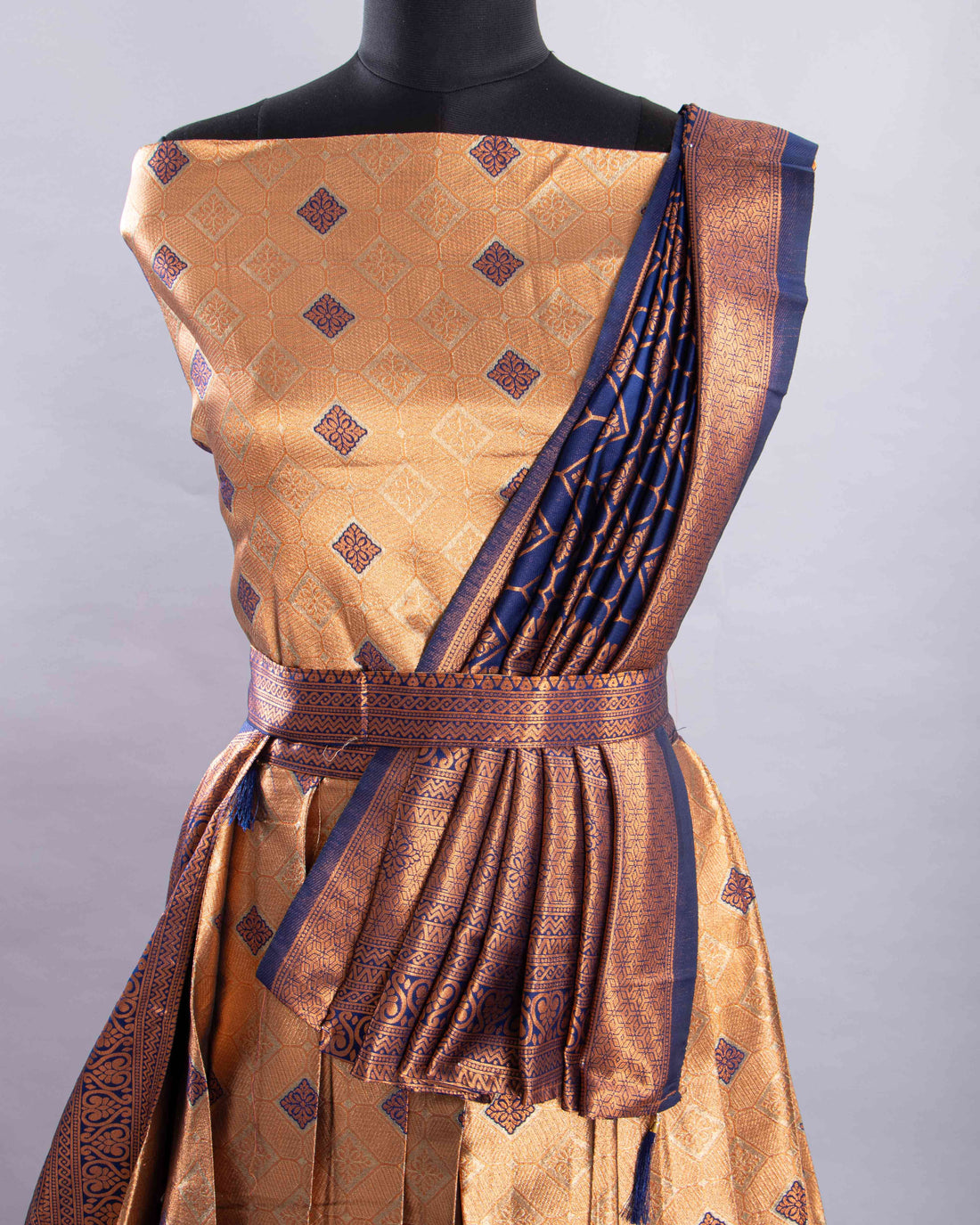 Gold With Dark Blue Colour Printed Semi - Stitched Lehenga