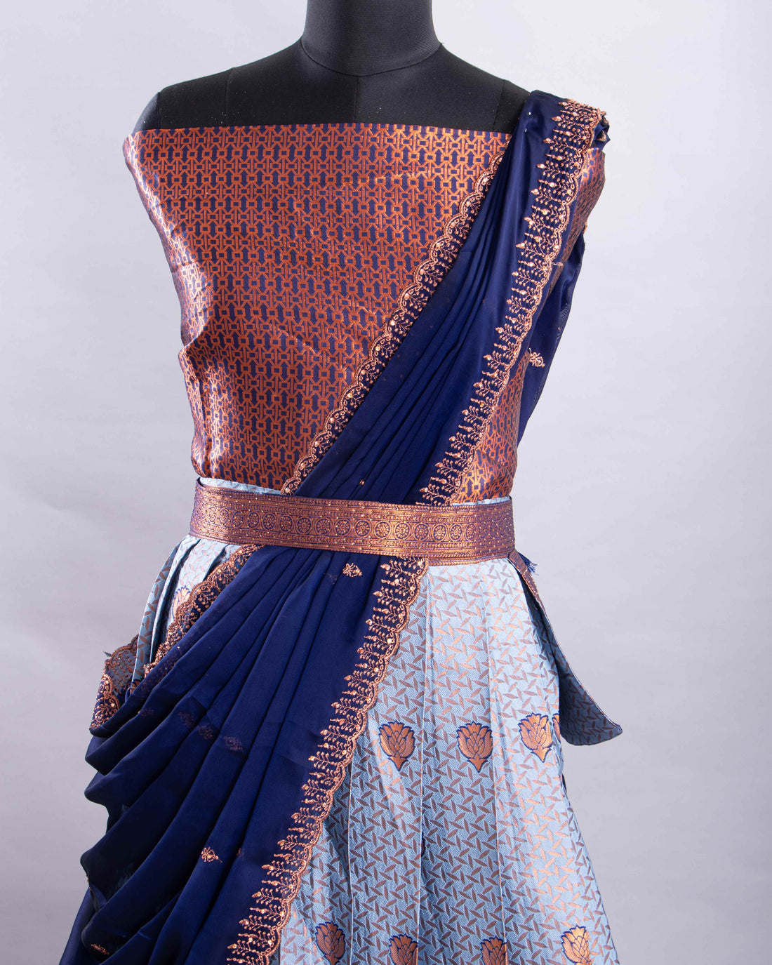 Blue With Copper Colour Printed Semi - Stitched Lehenga