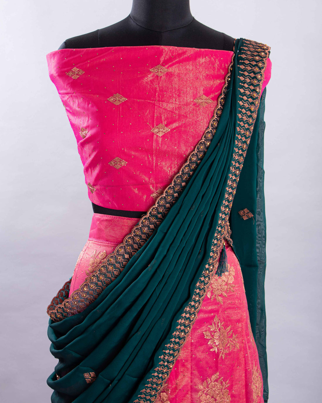 Pink With Green Colour Printed Semi - Stitched Lehenga