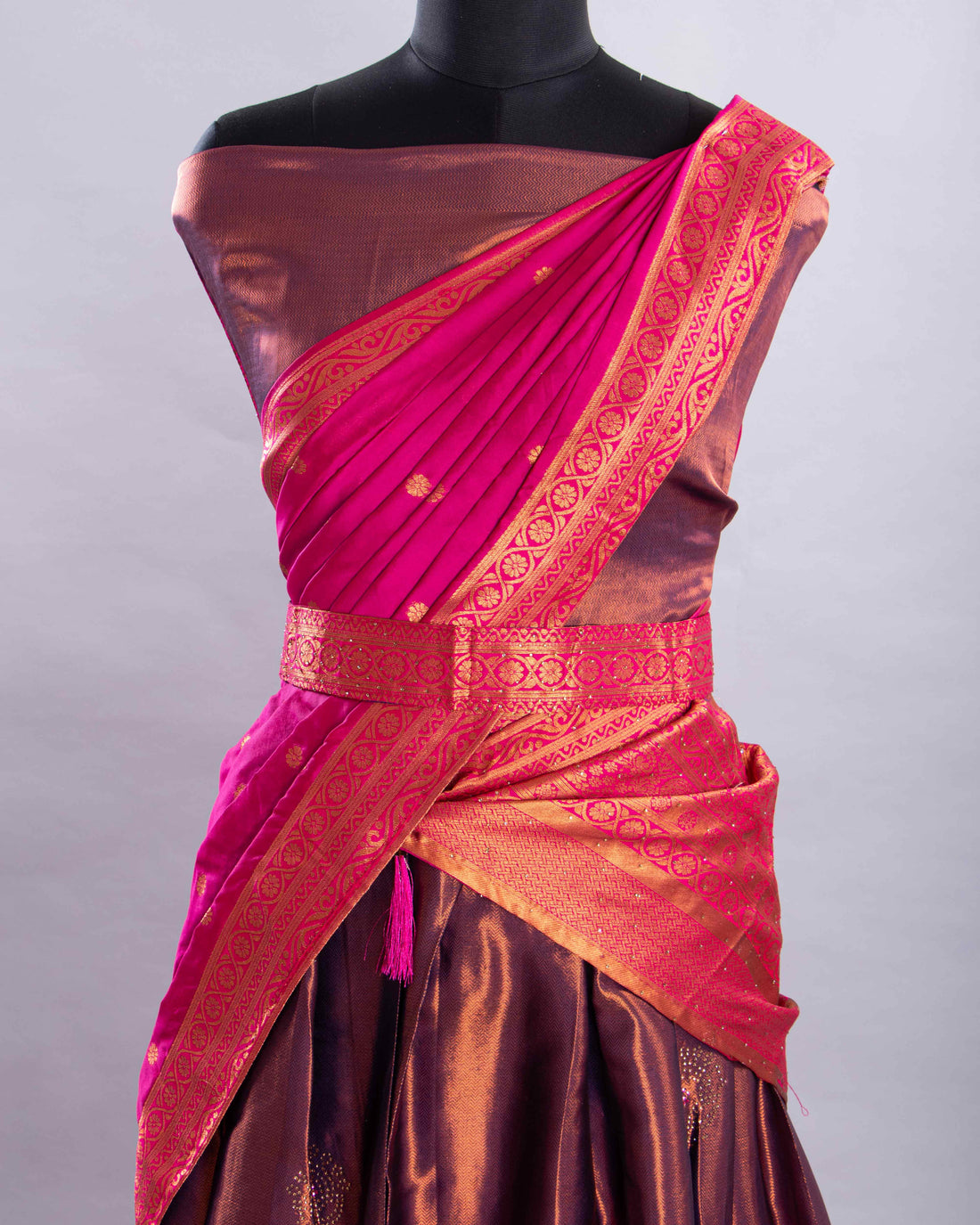 Copper With Pink Colour Printed Semi - Stitched Lehenga