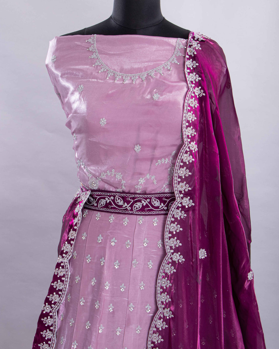 Onion Pink With Purple Colour Embroidered Semi - Stitched Lehenga