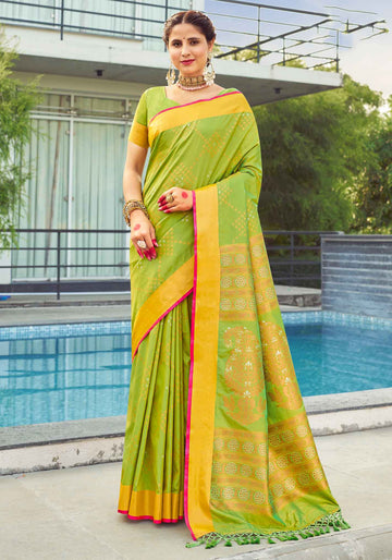 Soft Silk Light Green Yellow Color Saree