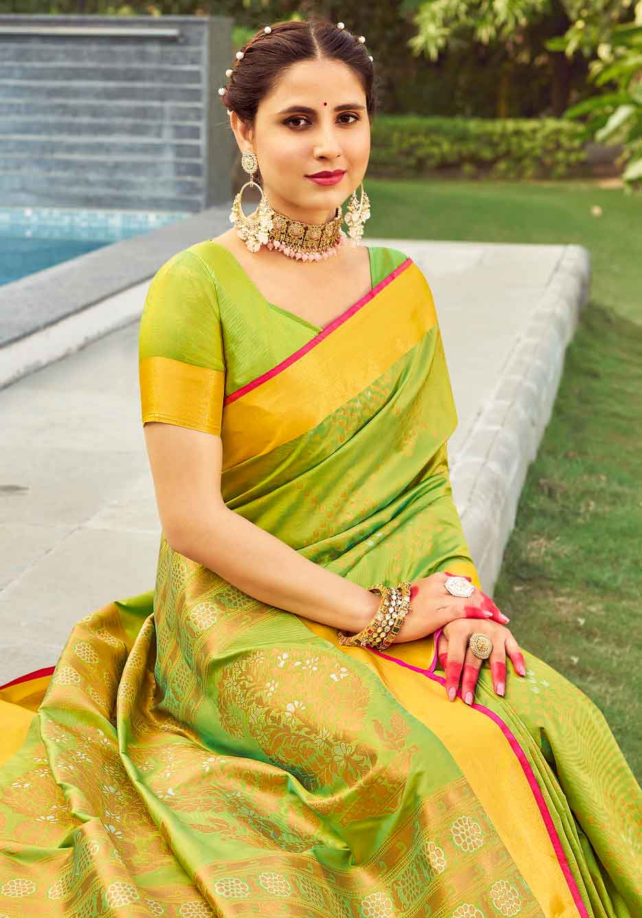 Soft Silk Light Green Yellow Color Saree