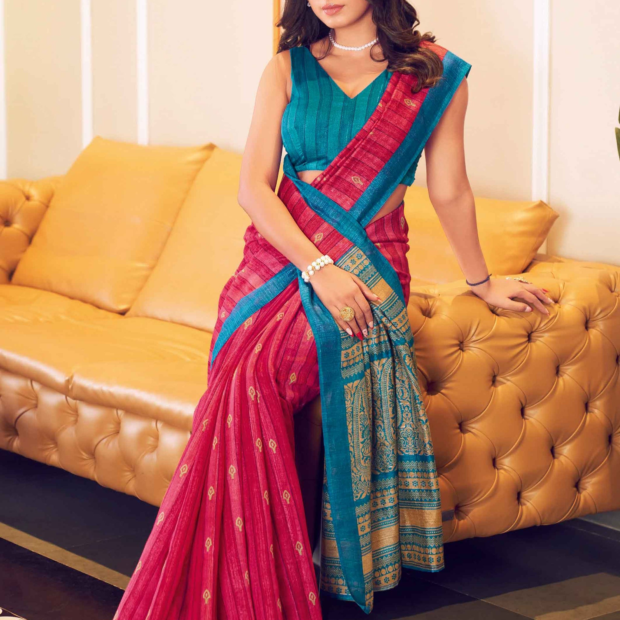 Red With Sky Blue Color Uniform Saree - U08