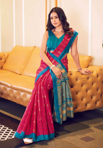 Red With Sky Blue Color Uniform Saree - U08