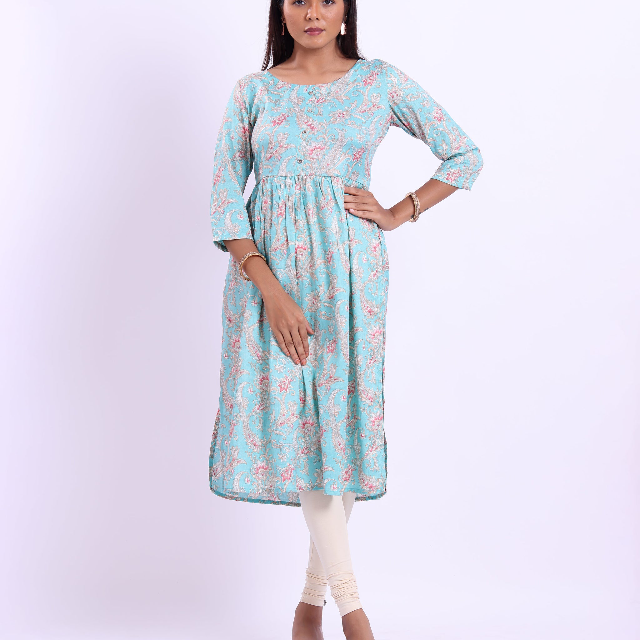 Designer sky blue colour printed women's kurti