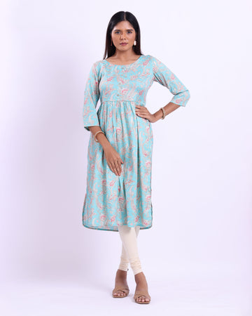 Designer sky blue colour printed women's kurti