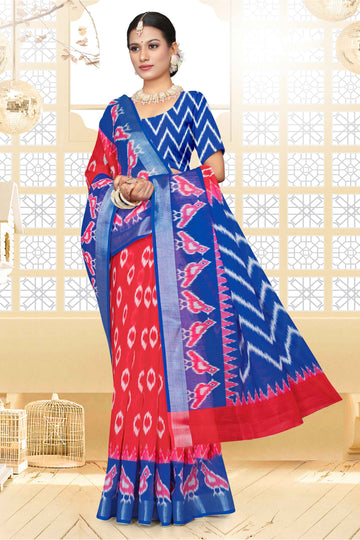 Red With Blue Color Ikkat Saree - IK03