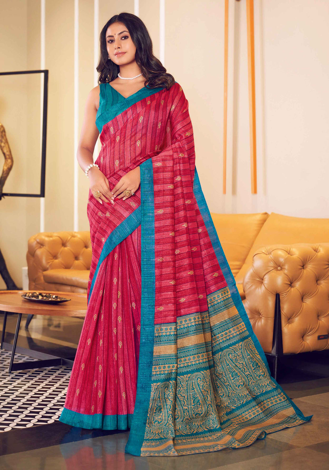 Red With Sky Blue Color Uniform Saree - U08