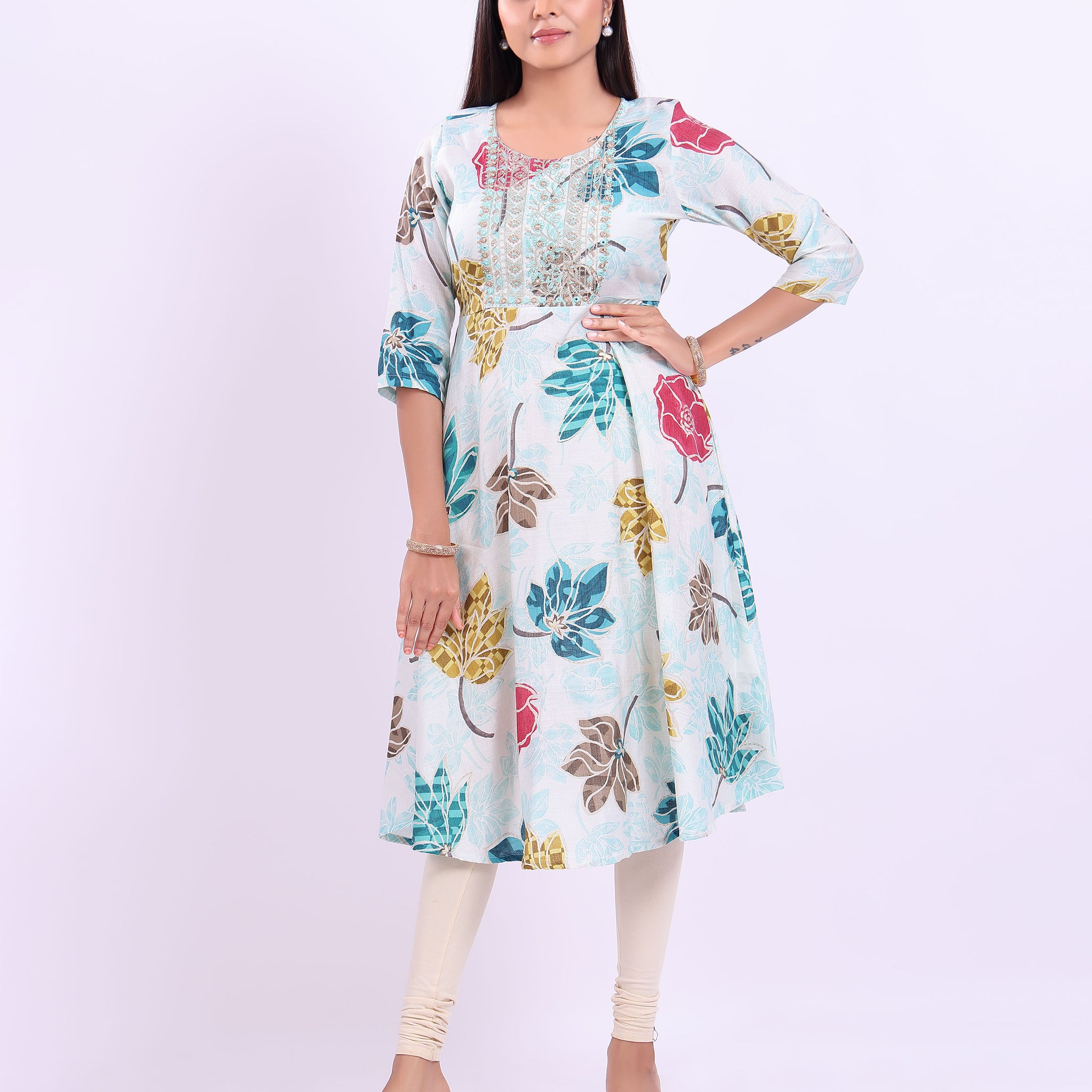 Designer white colour floral printed women's kurti