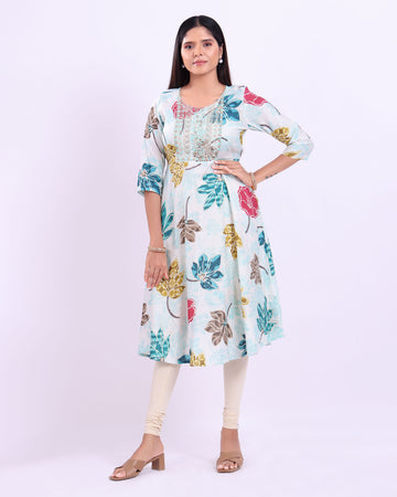 Designer white colour floral printed women's kurti