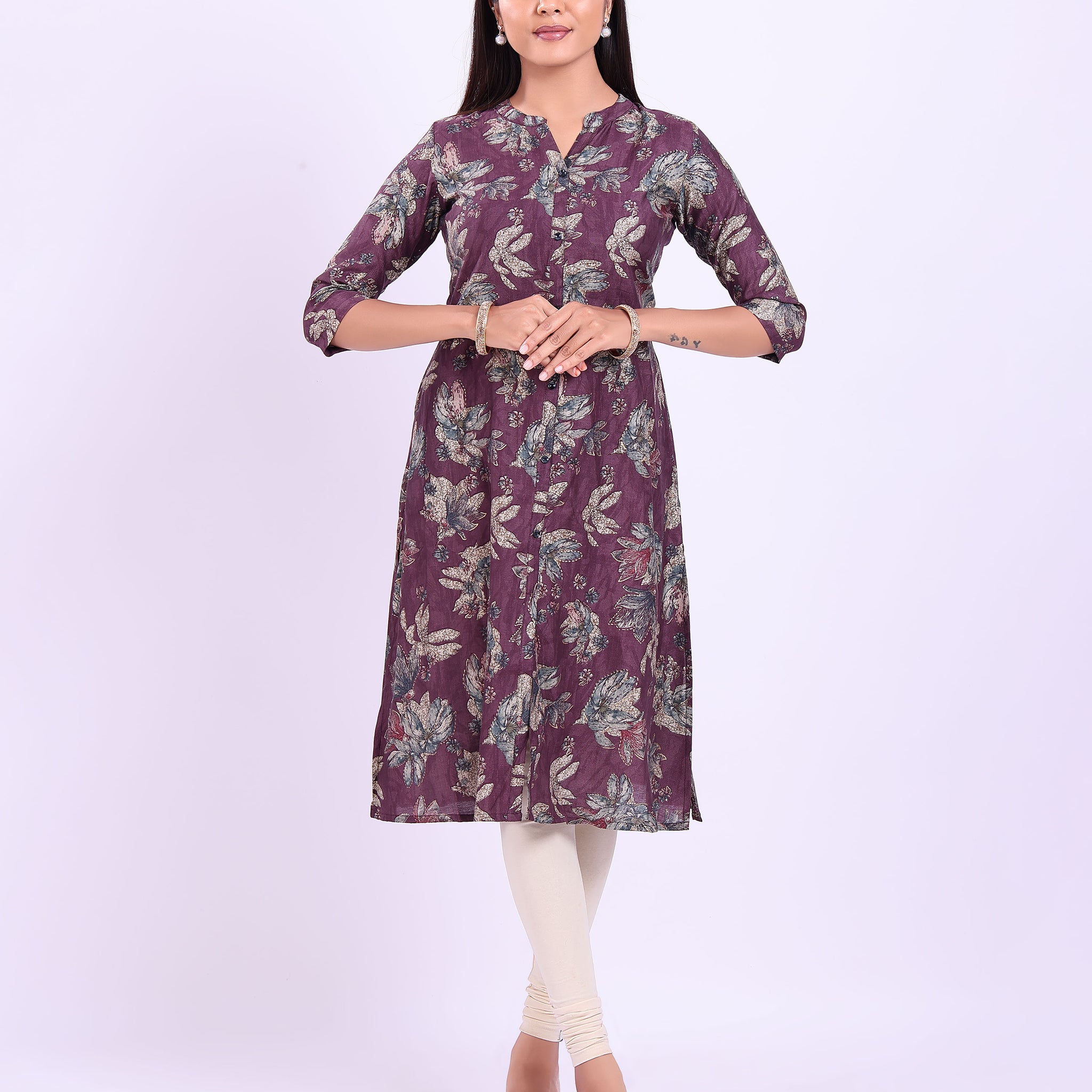 Stylish Women's purple buttoned down printed kurti