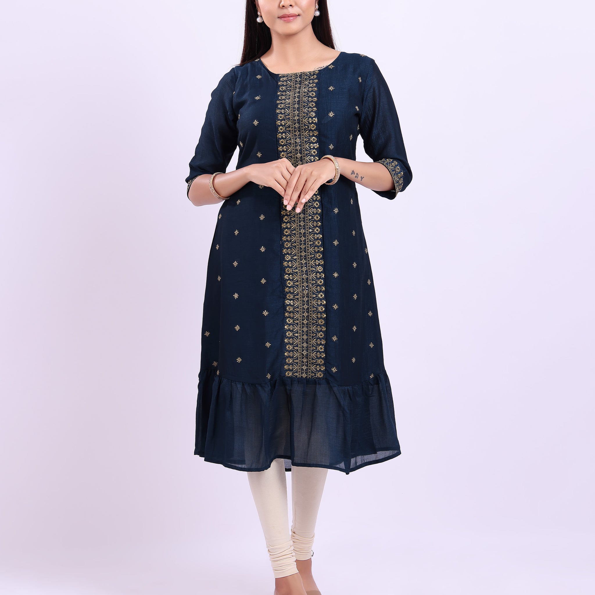 Designer navy blue colour embroidered women's kurti