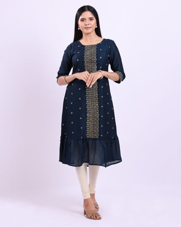 Designer navy blue colour embroidered women's kurti