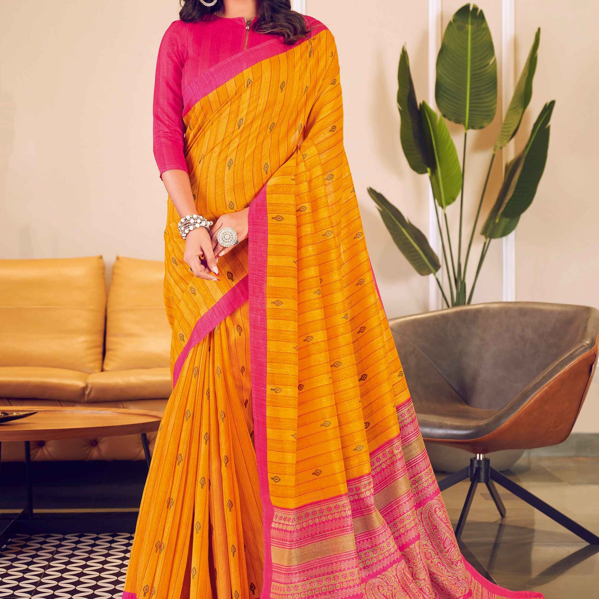 Yellow With Pink Color Uniform Saree - U05