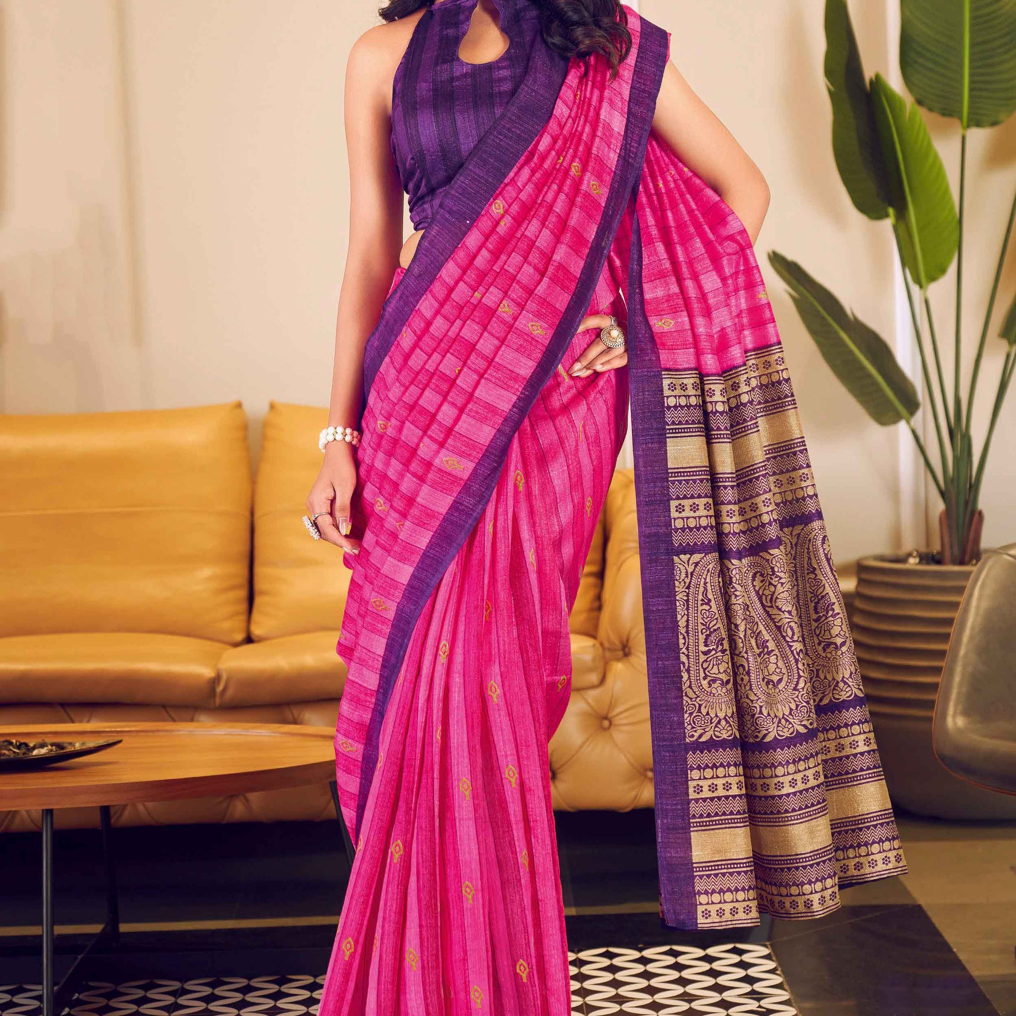 Violet With Pink Color Uniform Saree - U07