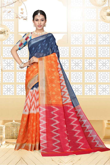 Grey With Orange Color Ikkat Saree - IK08