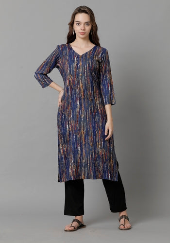 Blue Abstract Printed V-Neck Princess-Cut Pocket Kurti For Women