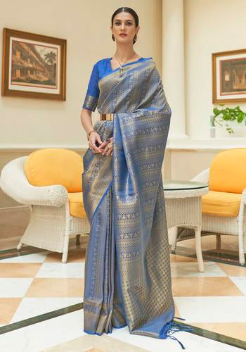 Blue Colour Fancy Silk Saree with Gold Printed Border