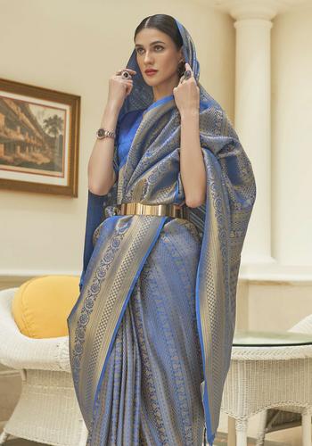 Blue Colour Fancy Silk Saree with Gold Printed Border