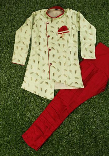 Boys Green-Design Sherwani Set with Red Pant