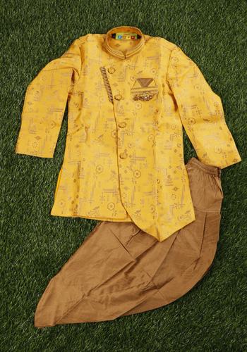 Boys Navy Mustard-Design Sherwani Set