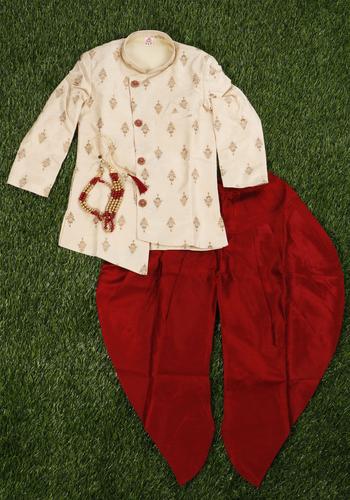 Boys Sandal-Design Sherwani Set with Maroon Pant